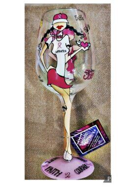 9" Tall Hand-Painted Breast Cancer Survivor/Supporter Wine Glass Stem NWT